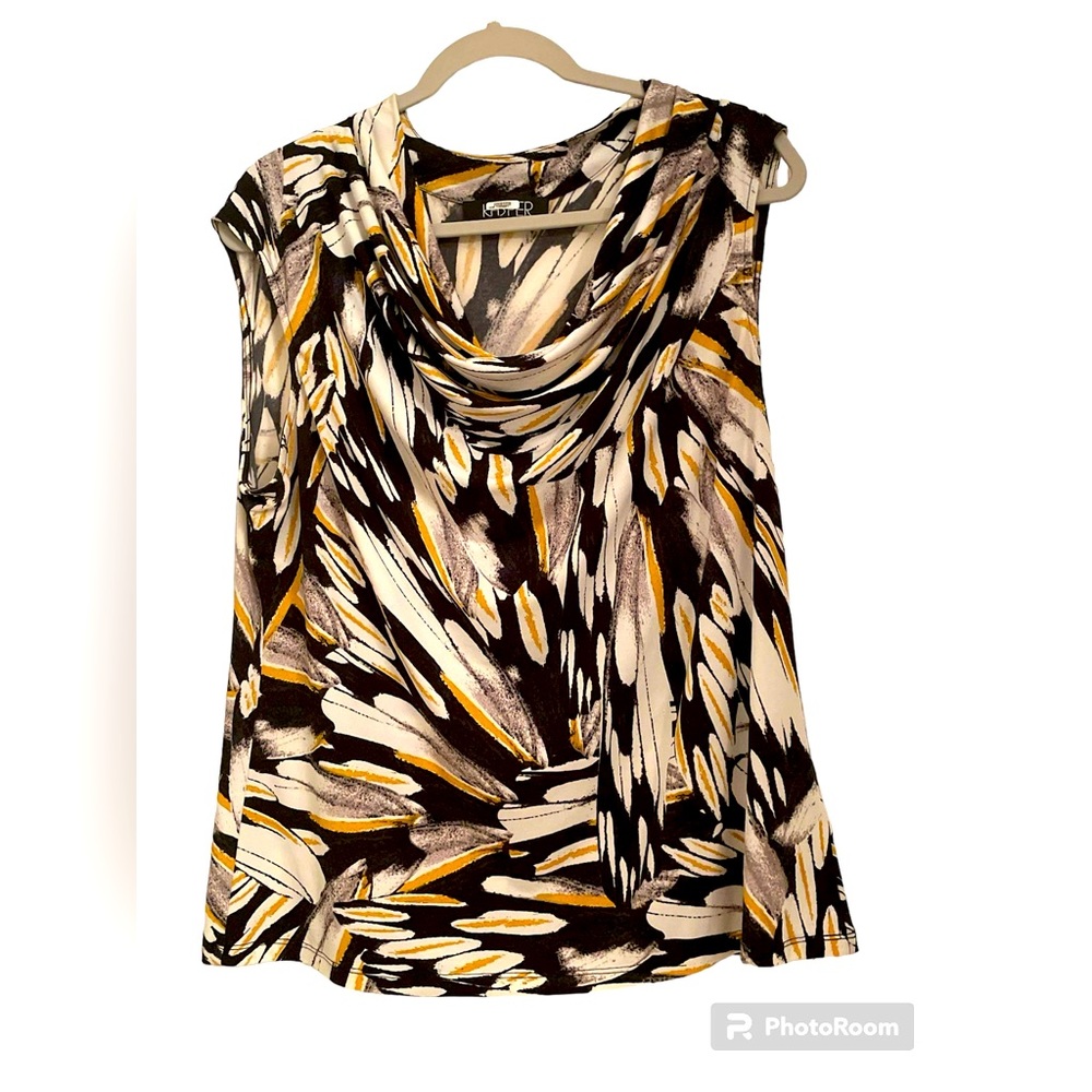 Kasper sleeveless top black, yellow, gray, white. XL